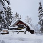 Winterliche Außenansicht der Dreisesselhaisl Hütt’n bei Neureichenau